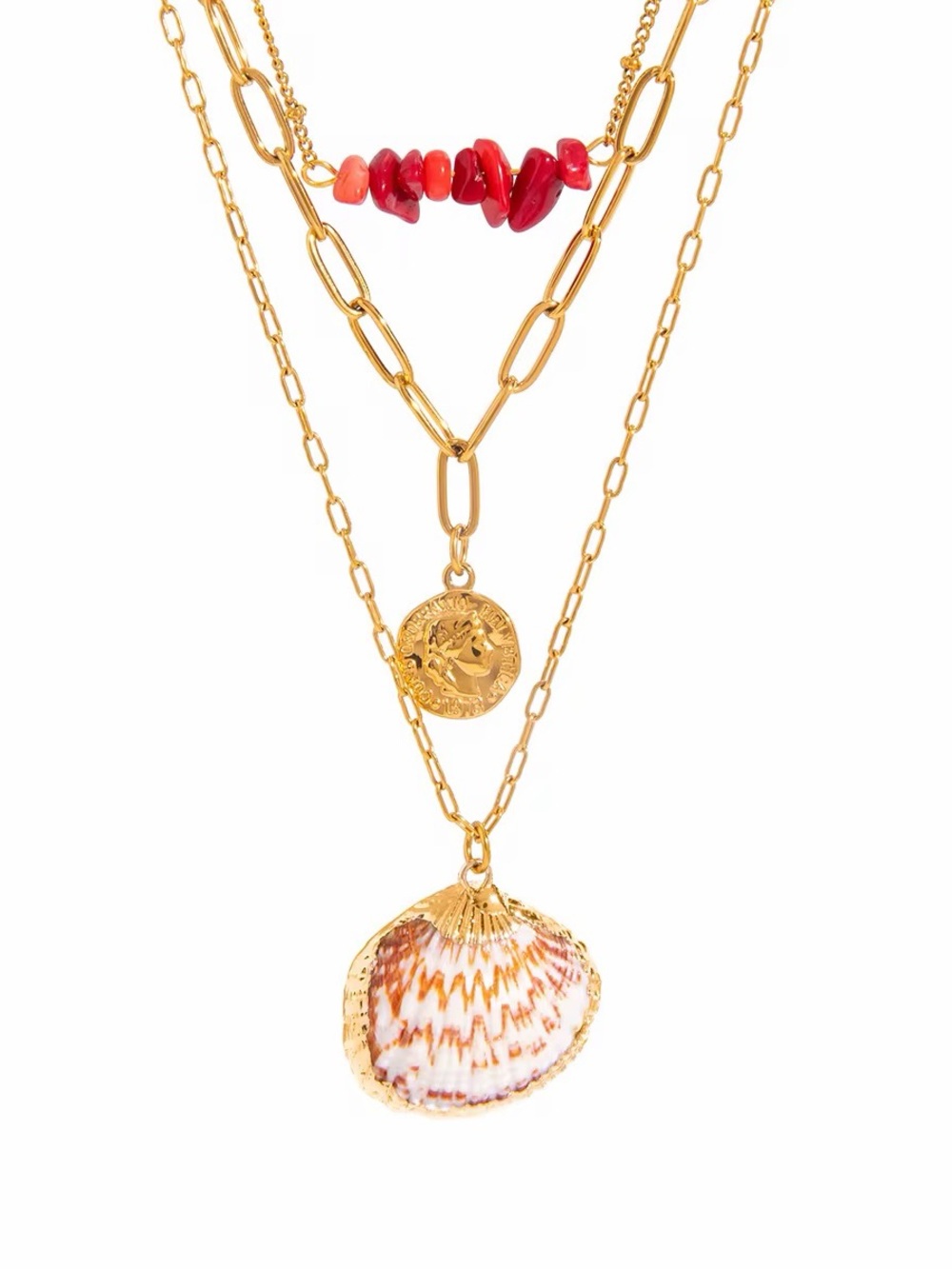 18K Gold Plated Layered Shell & Red Bead Necklace